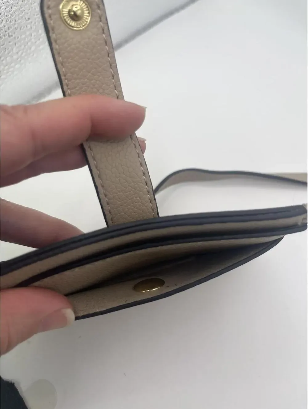 Steve Madden Card Wristlet Wallet with Clip Strap Taupe Faux Leather Mini Wallet